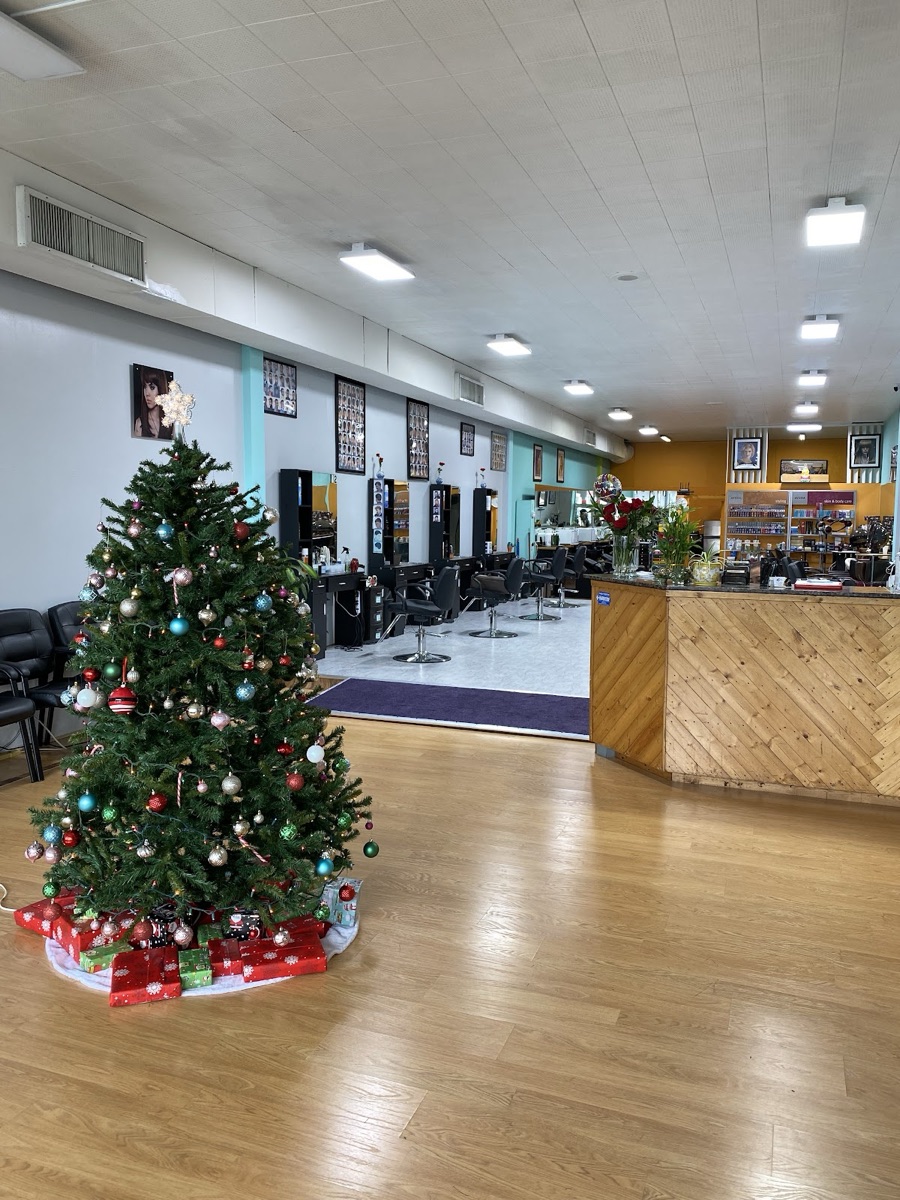 CD Hair Salon styling floor with a decorated holiday tree